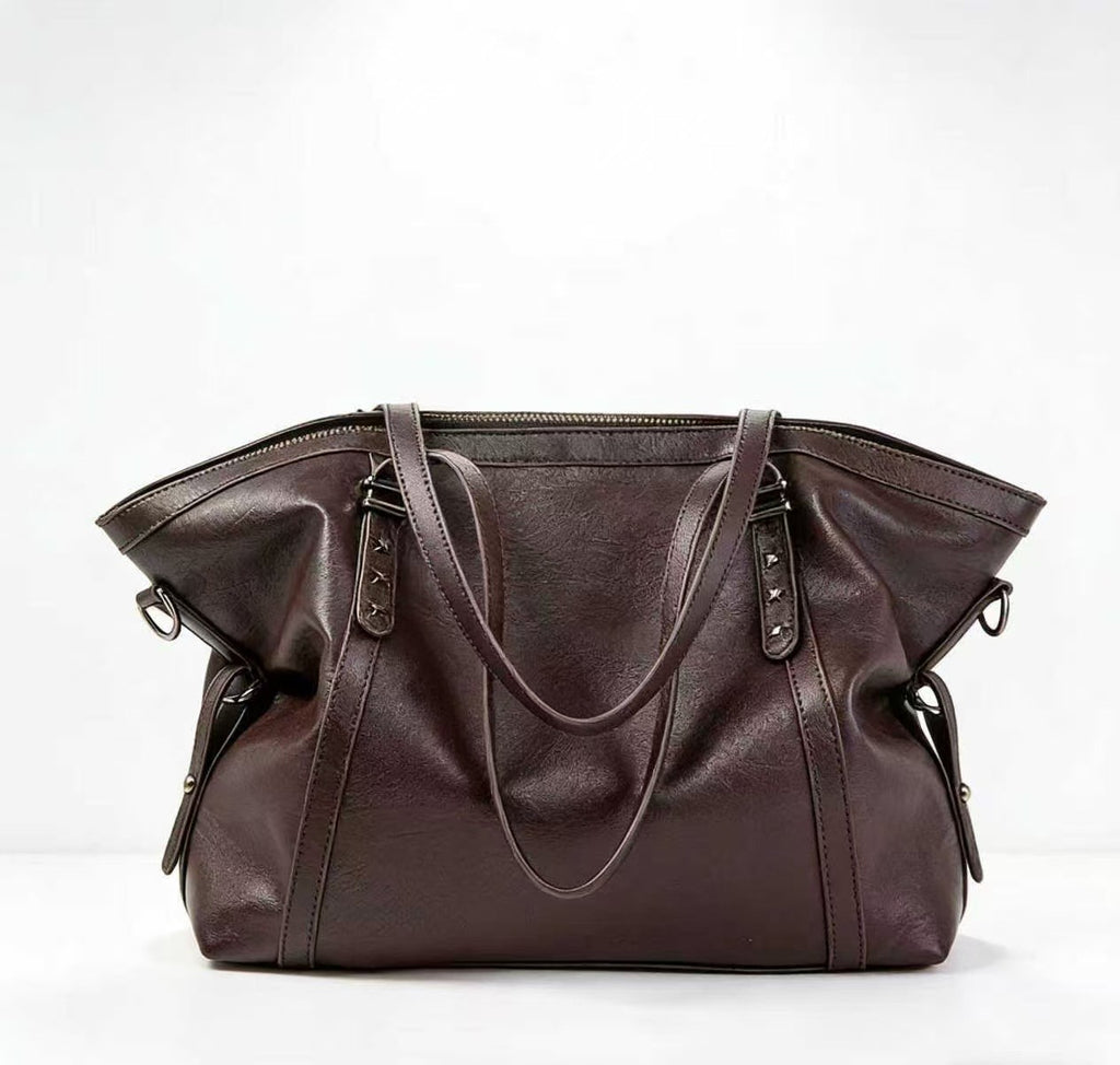 Oversized Slouchy Faux Leather Tote Bag - Chocolate