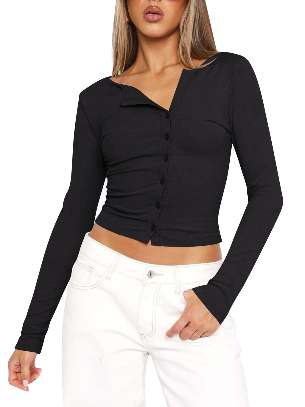 Ribbed Button Front Collared Crop Shirt - Black