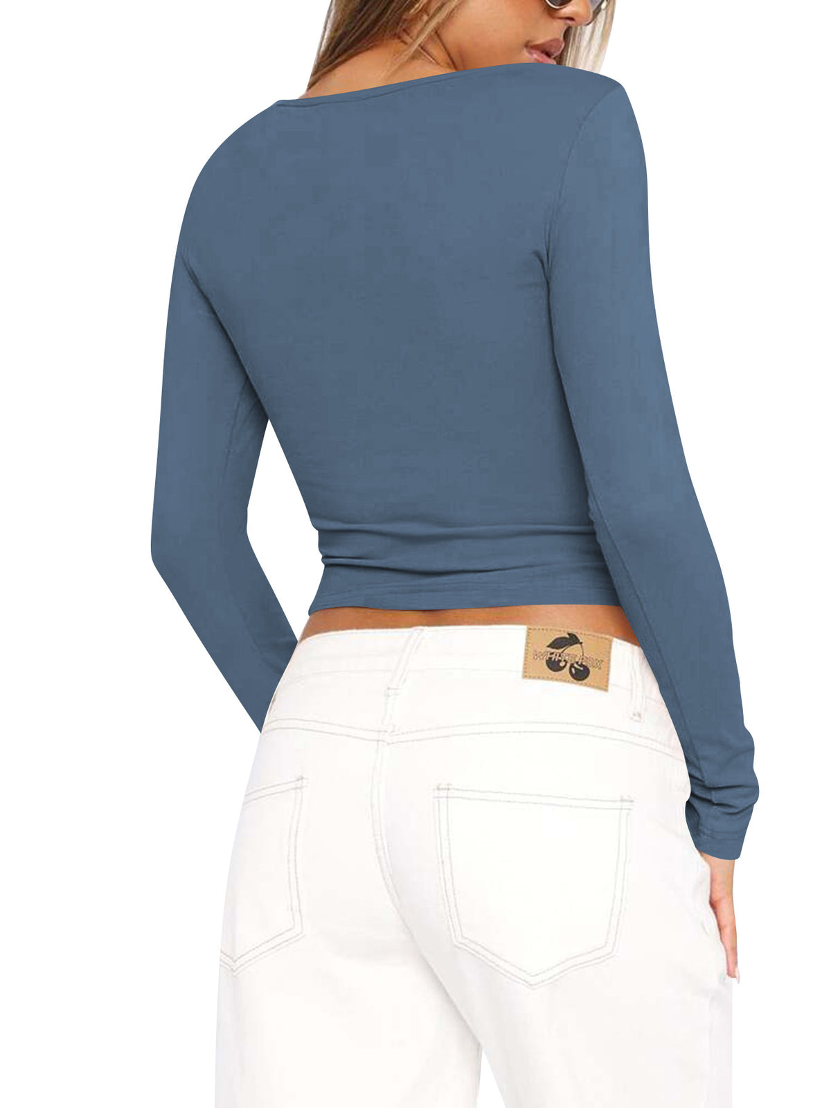 Ribbed Button Front Collared Crop Shirt - Blue - 1