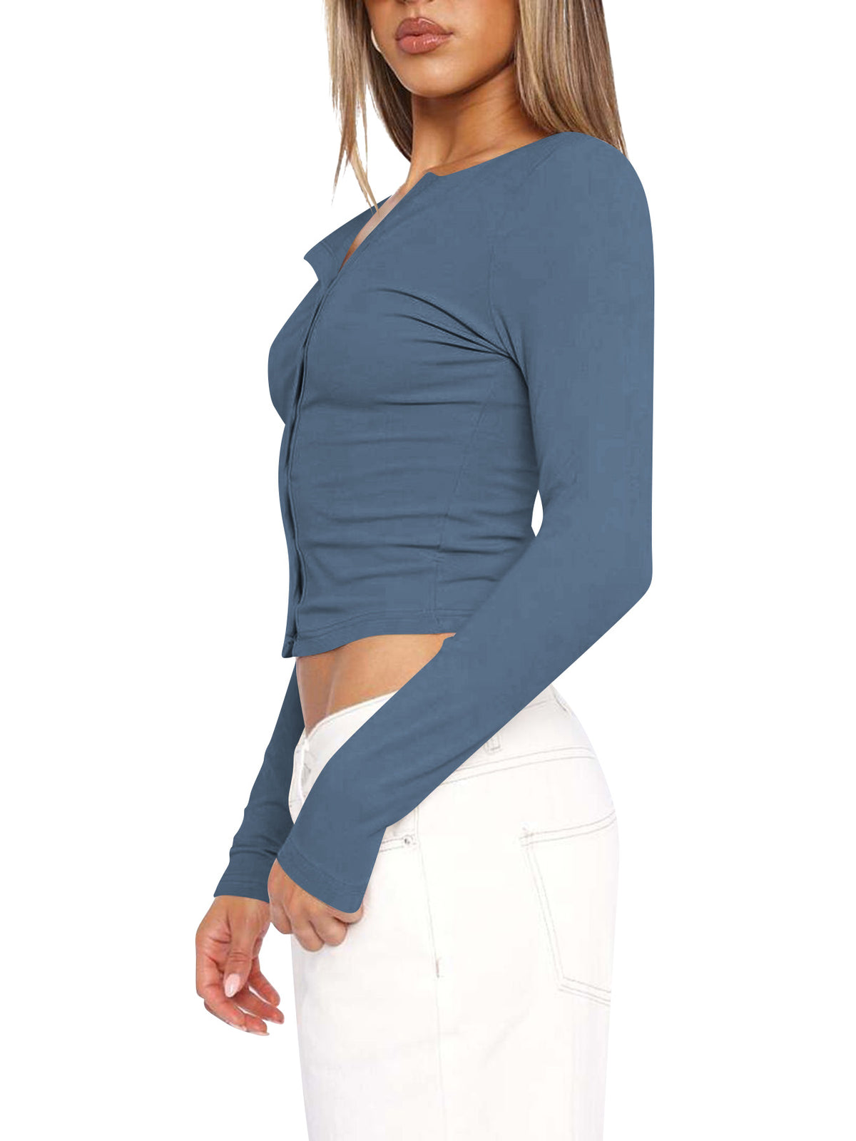 Ribbed Button Front Collared Crop Shirt - Blue - 2