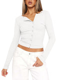 Ribbed Button Front Collared Crop Shirt - White