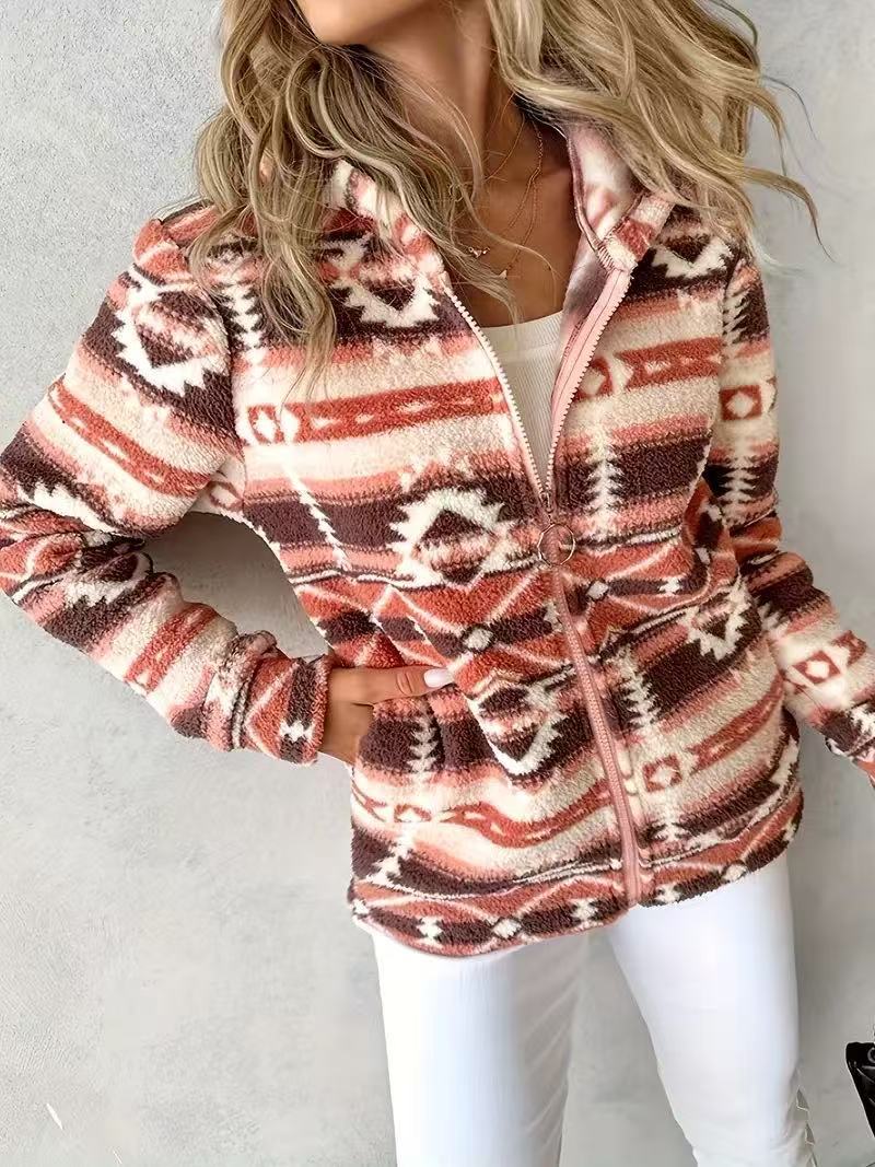Southwest Print Zip Hooded Fleece Jacket - Brown