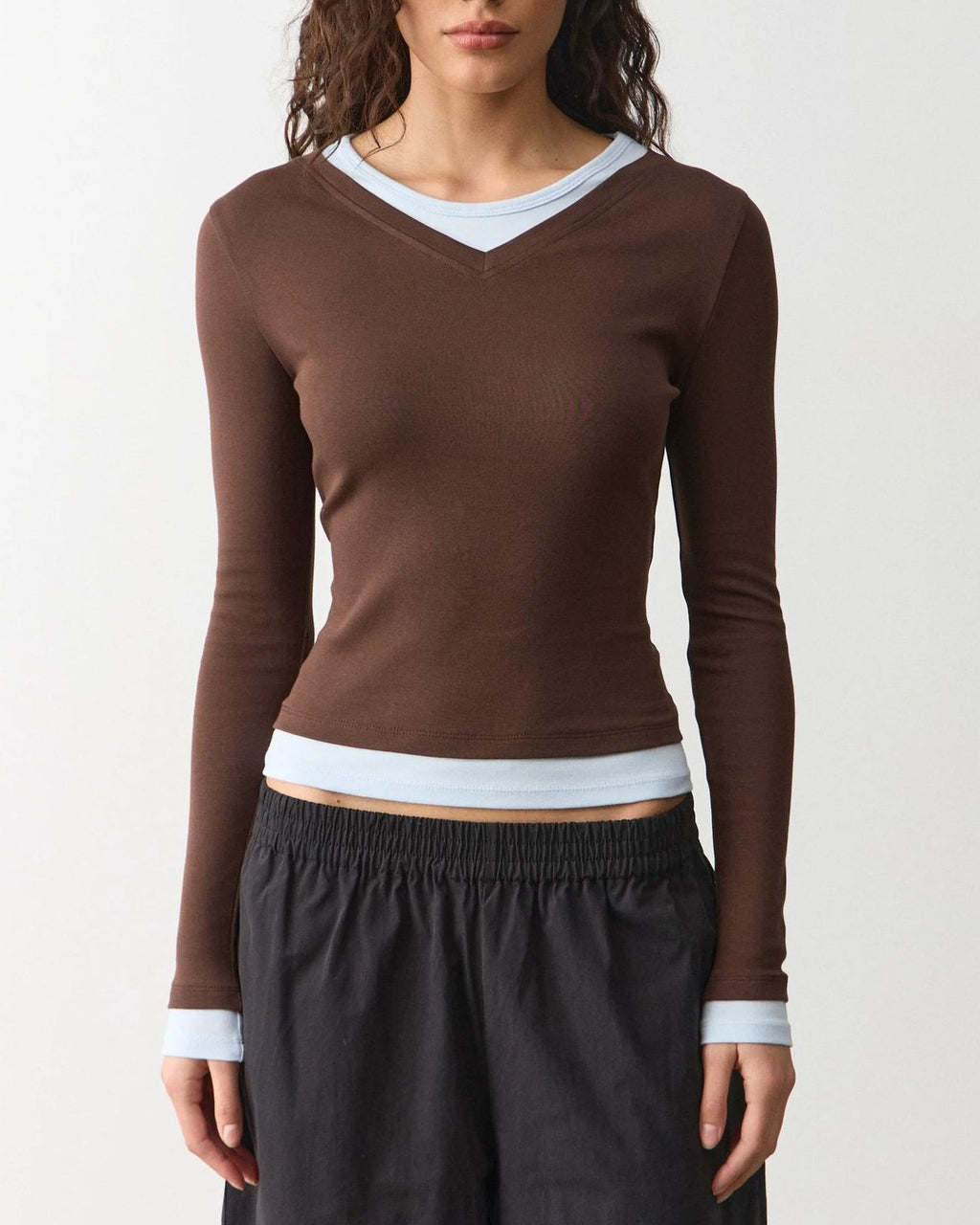 Long Sleeve V-Neck Tee With Contrast Layered Trim - Brown