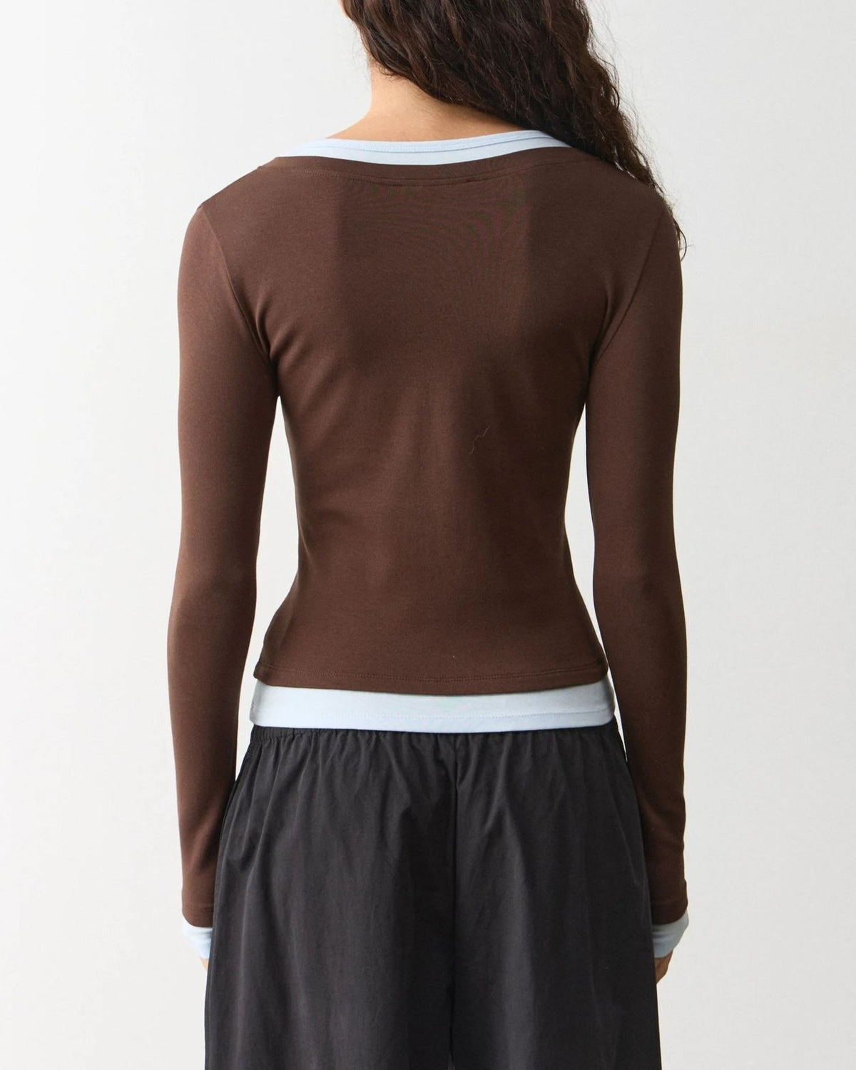 Long Sleeve V-Neck Tee With Contrast Layered Trim - Brown - 1