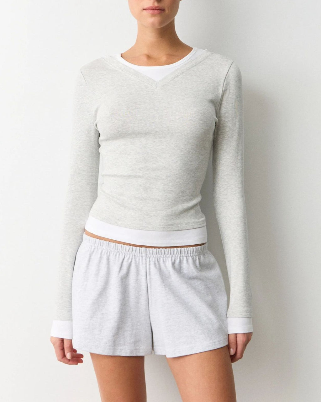 Long Sleeve V-Neck Tee With Contrast Layered Trim - Grey