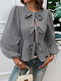 Bow Tie Front Peplum Puff Sleeve Blouse - Black