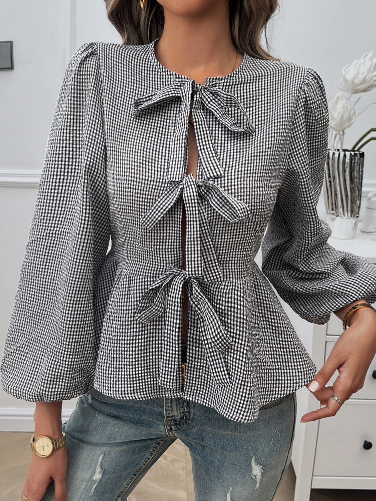 Bow Tie Front Peplum Puff Sleeve Blouse - Black - 2