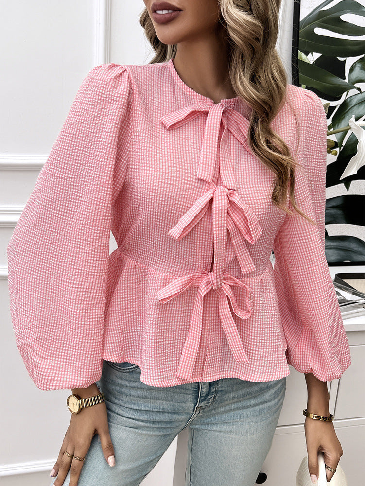 Bow Tie Front Peplum Puff Sleeve Blouse - Red - 1
