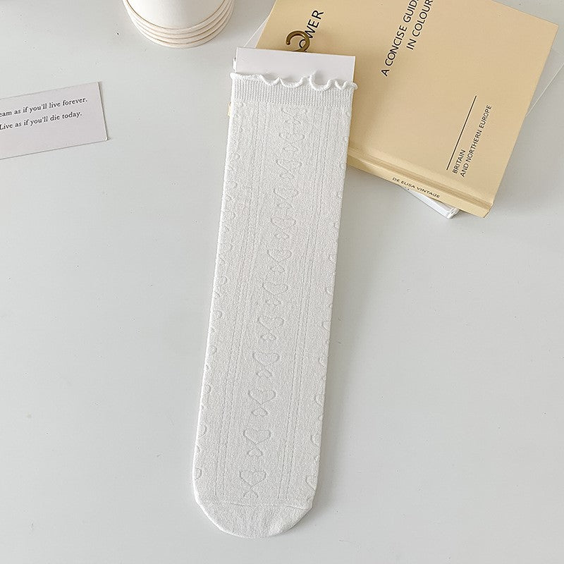 Sheer Textured Lace Trim Crew Socks - WhiteHeart