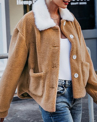 Teddy Fleece Jacket With Faux Fur Collar and Pockets - Caramel