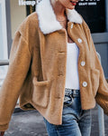 Teddy Fleece Jacket With Faux Fur Collar and Pockets - Caramel
