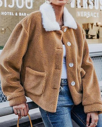 Teddy Fleece Jacket With Faux Fur Collar and Pockets - Caramel - 1