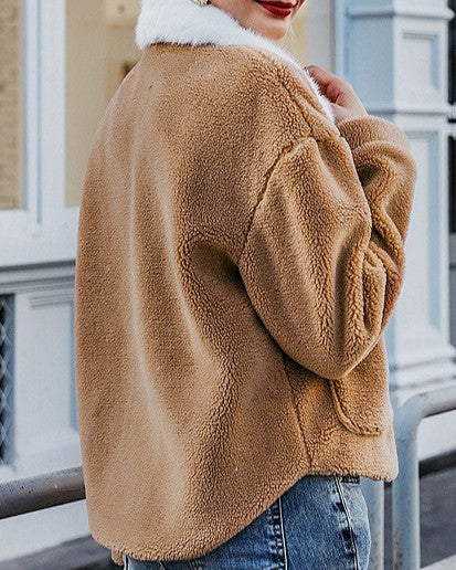 Teddy Fleece Jacket With Faux Fur Collar and Pockets - Caramel - 2