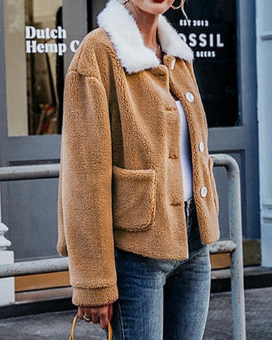 Teddy Fleece Jacket With Faux Fur Collar and Pockets - Caramel - 3