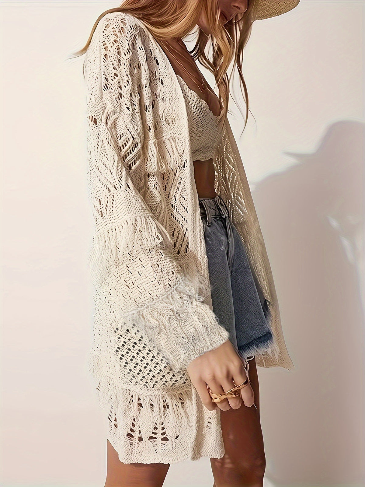 Crochet Lace Open Front Boho Cardigan - Apricot