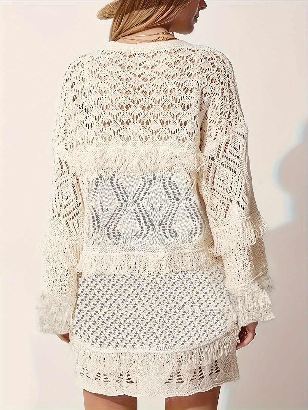Crochet Lace Open Front Boho Cardigan - Apricot - 1