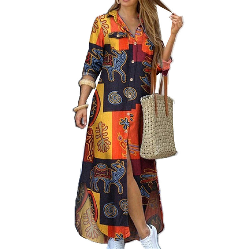 Printed Button Front Maxi Shirt Dress - NO02