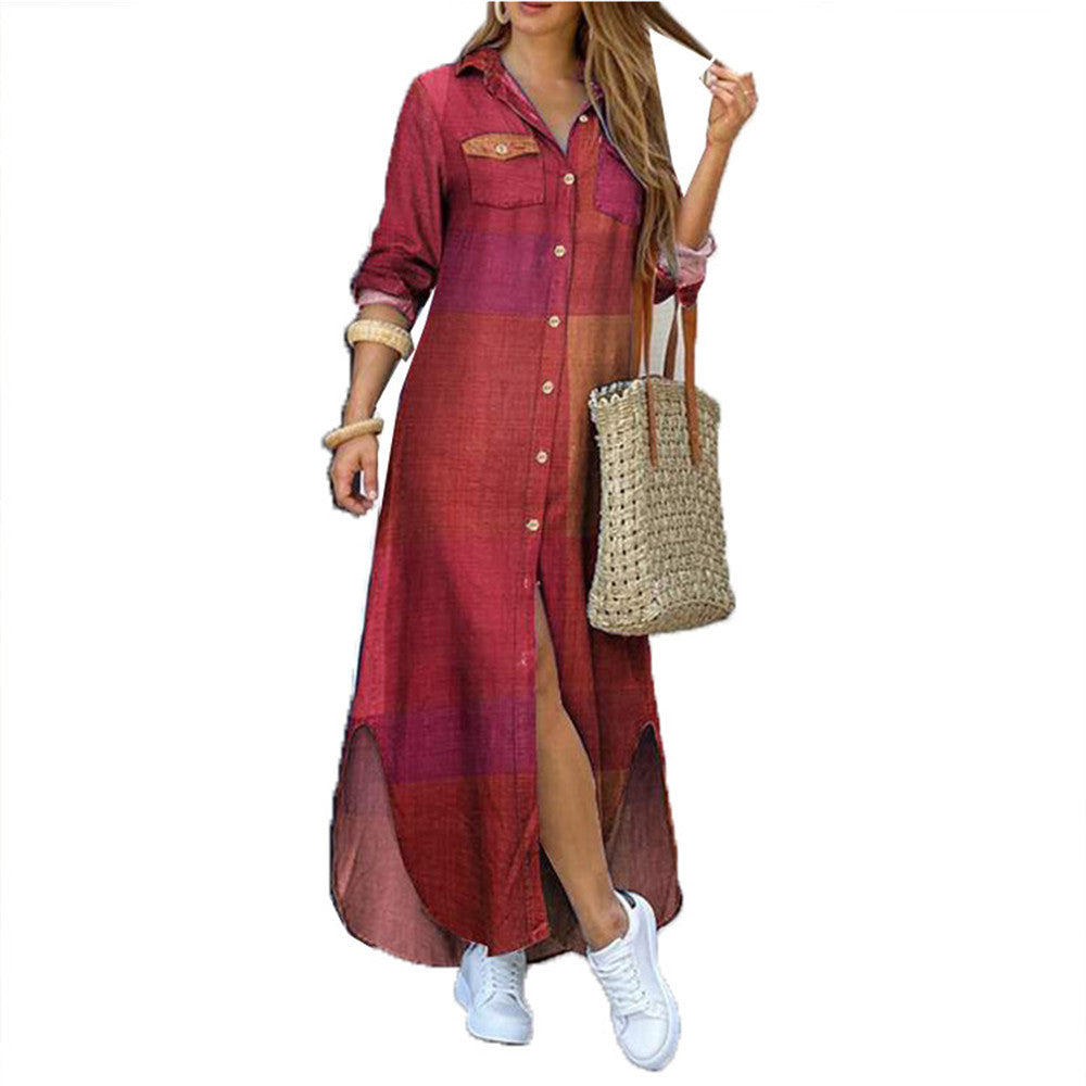 Printed Button Front Maxi Shirt Dress - NO04