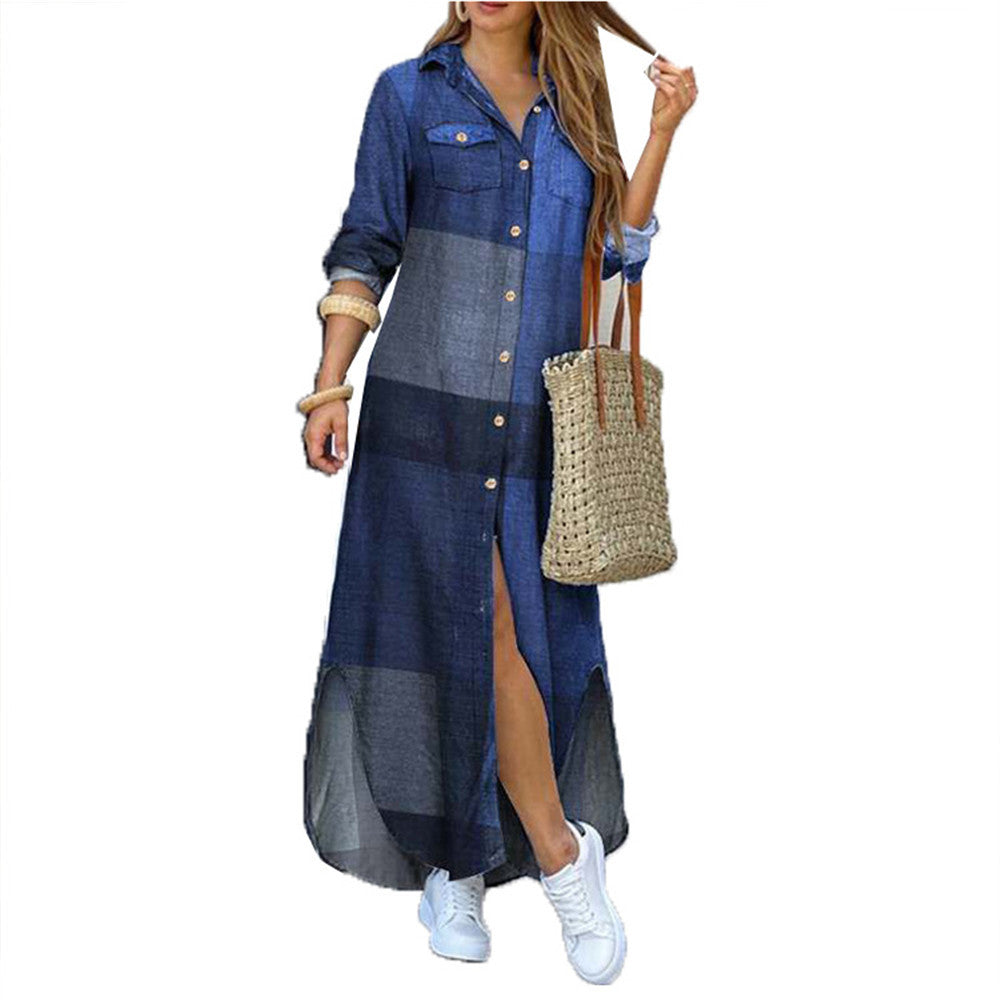 Printed Button Front Maxi Shirt Dress - NO05