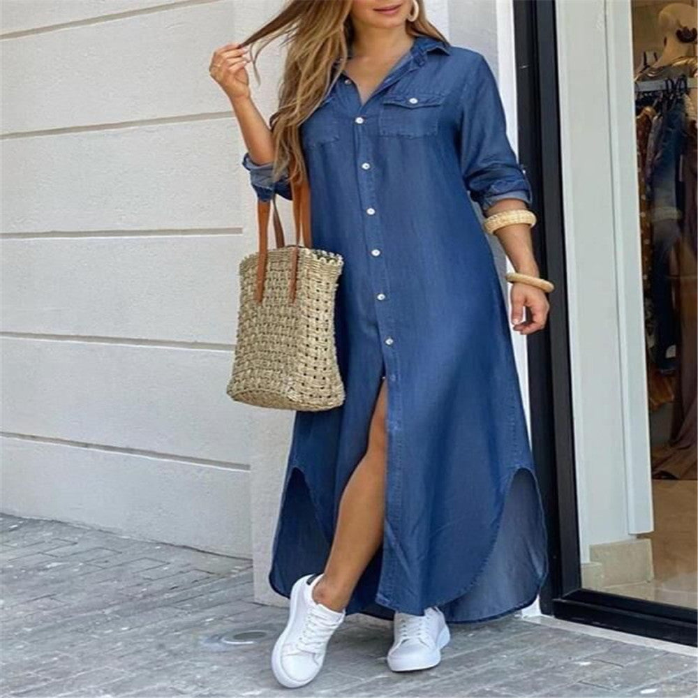 Printed Button Front Maxi Shirt Dress - NO07