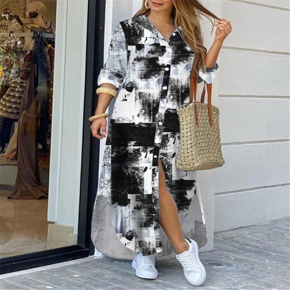 Printed Button Front Maxi Shirt Dress - NO09