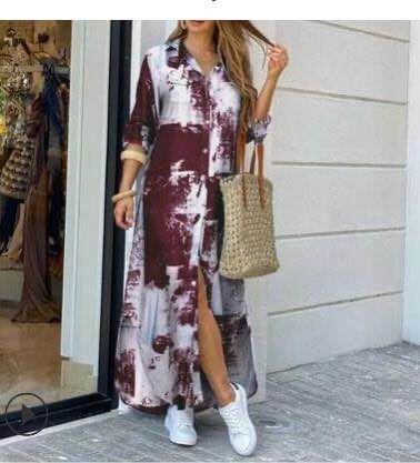 Printed Button Front Maxi Shirt Dress - NO10