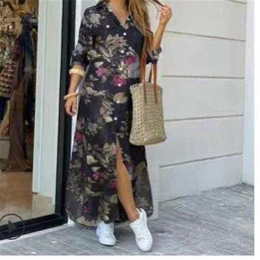 Printed Button Front Maxi Shirt Dress - NO11