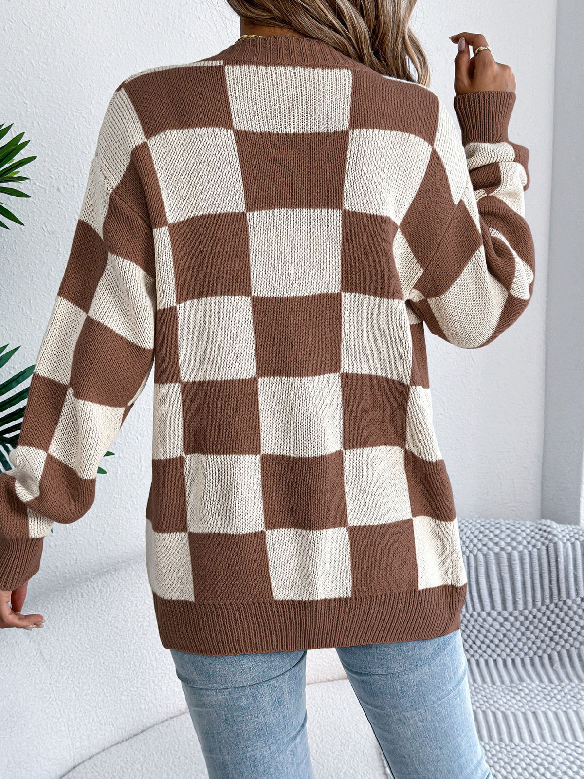 Checkerboard Open Front Longline Cardigan - Coffee - 1