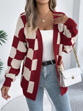 Checkerboard Open Front Longline Cardigan - Winered