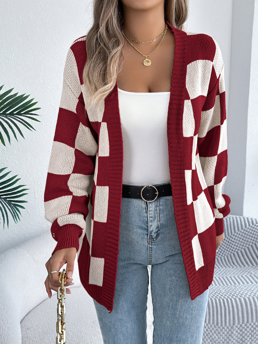 Checkerboard Open Front Longline Cardigan - Winered - 1