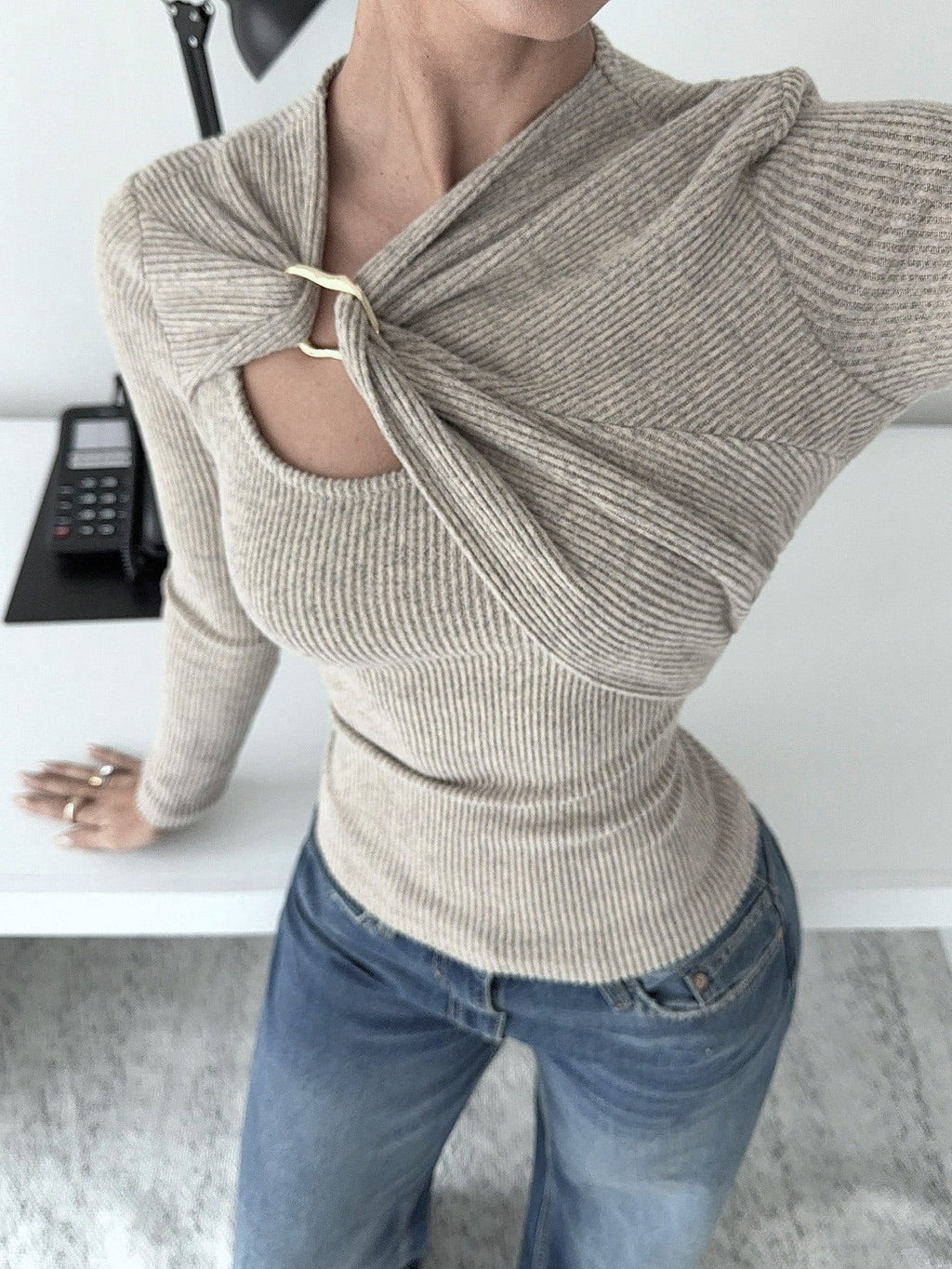 Ring Buckle Twist Front Cut Out Blouse - view 1