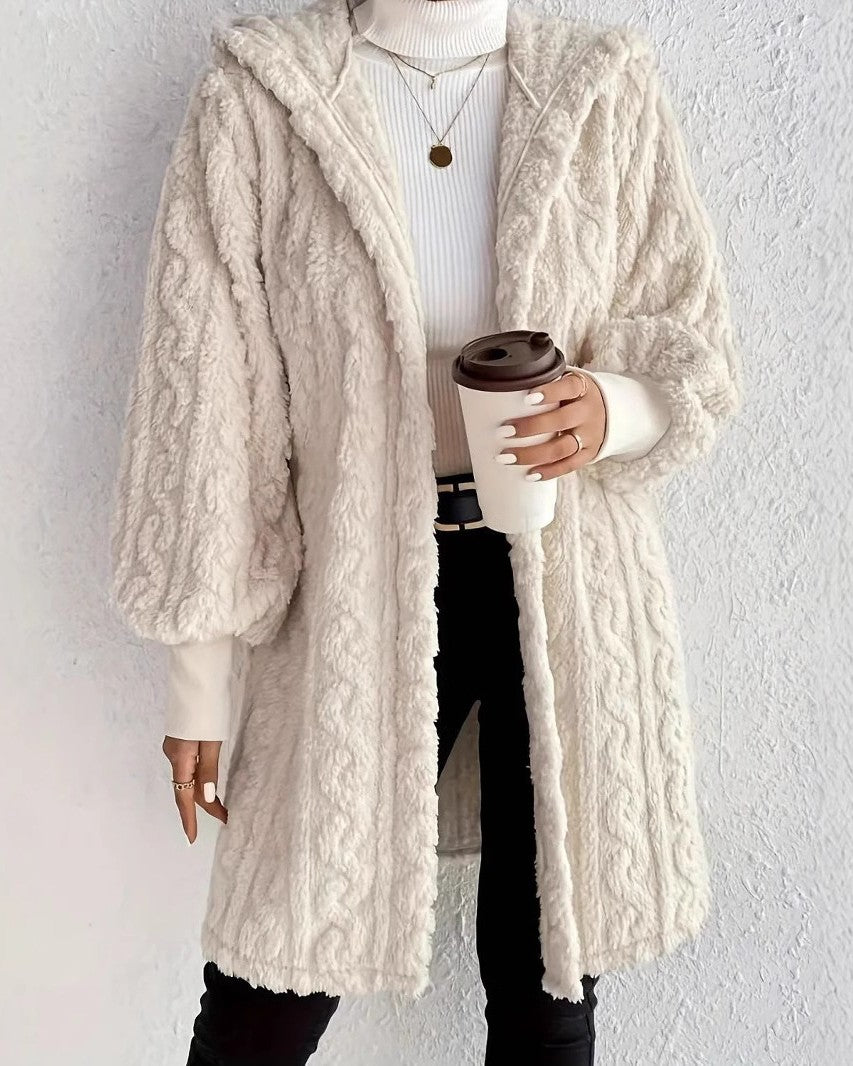 Cable Textured Plush Hooded Longline Coat - Apricot