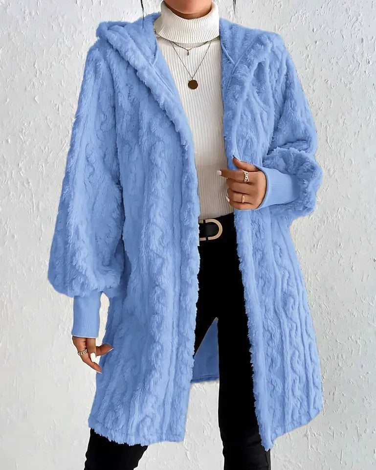 Cable Textured Plush Hooded Longline Coat - Blue