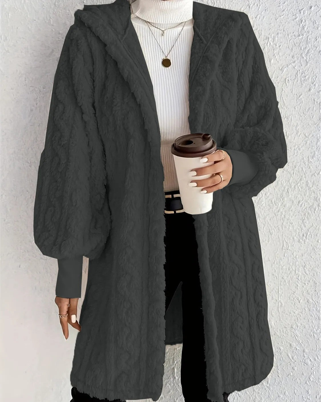 Cable Textured Plush Hooded Longline Coat - Dark-Gray