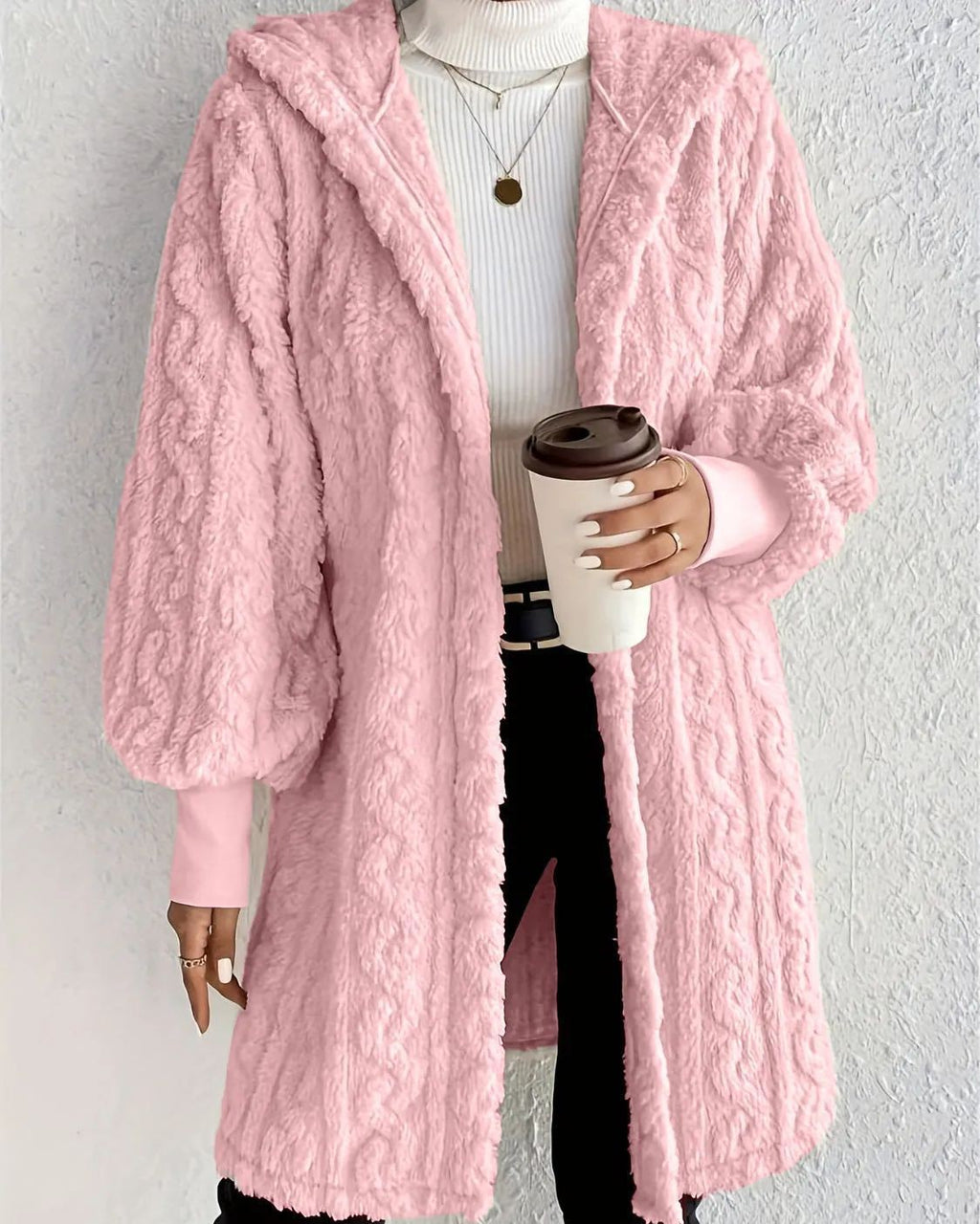 Cable Textured Plush Hooded Longline Coat - Pink