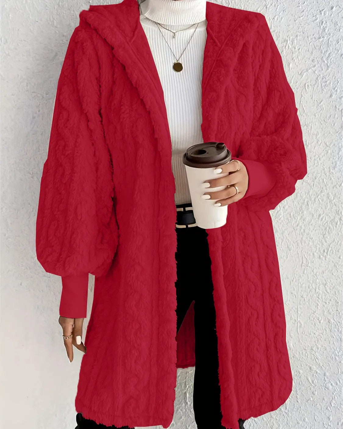 Cable Textured Plush Hooded Longline Coat - Red