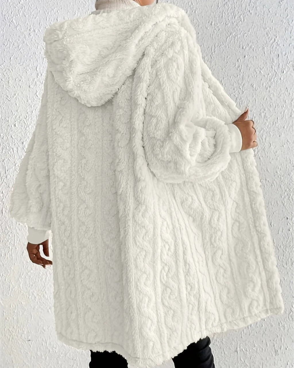 Cable Textured Plush Hooded Longline Coat - White