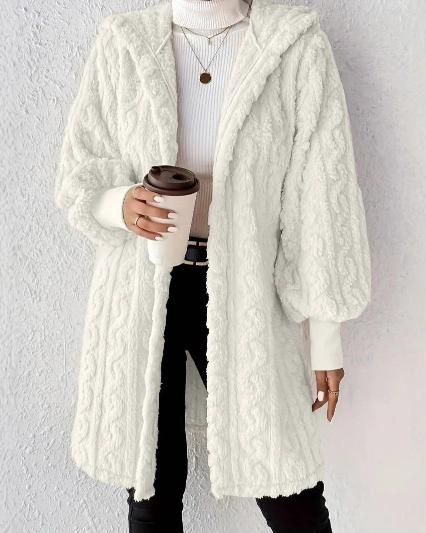 Cable Textured Plush Hooded Longline Coat - White - 1