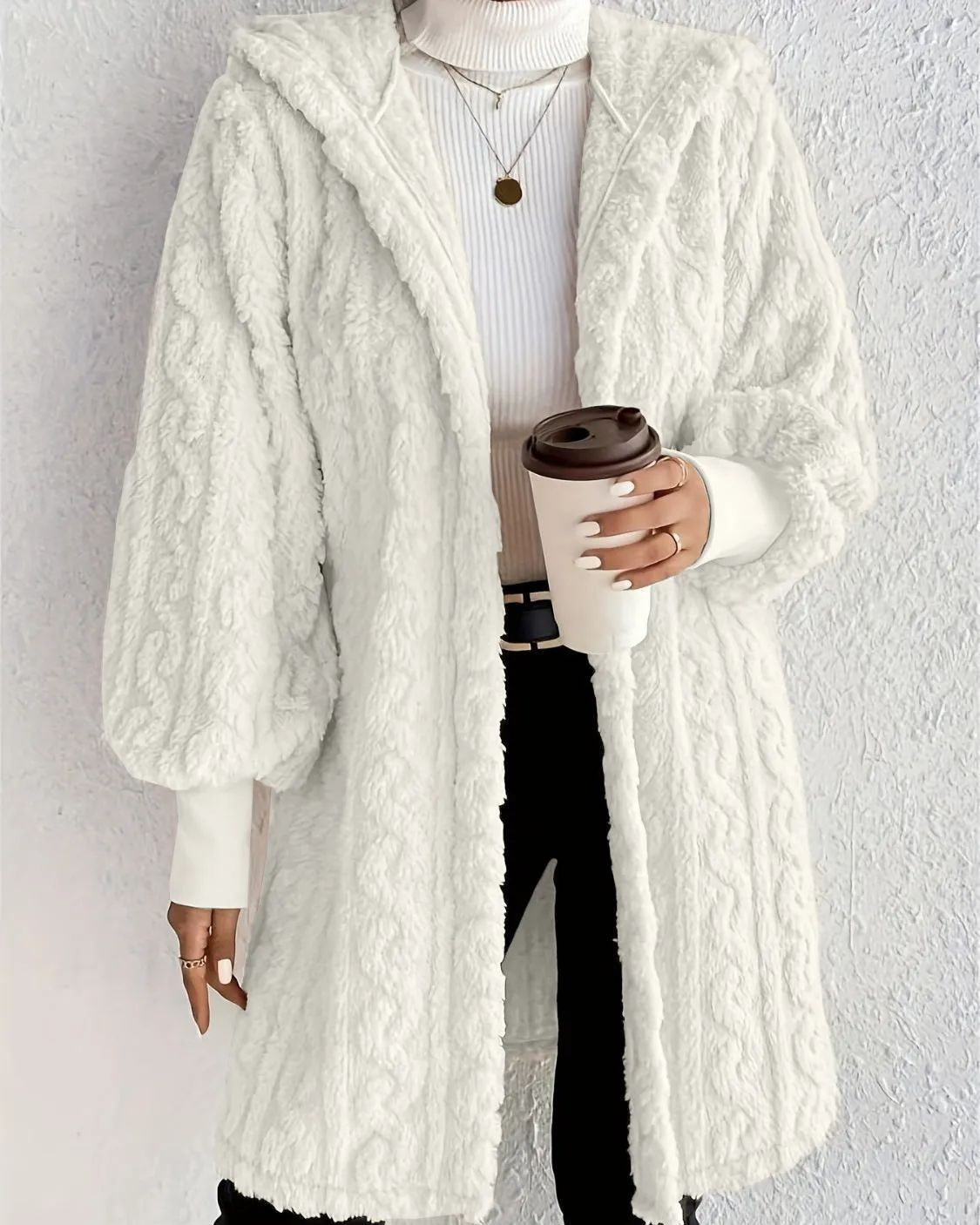 Cable Textured Plush Hooded Longline Coat - White - 2