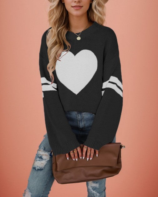 Big Heart Varsity Stripe Crew Neck Sweater - Black
