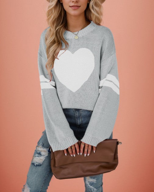 Big Heart Varsity Stripe Crew Neck Sweater - Grey