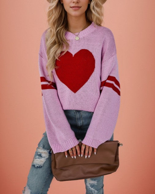 Big Heart Varsity Stripe Crew Neck Sweater - Pink - 1