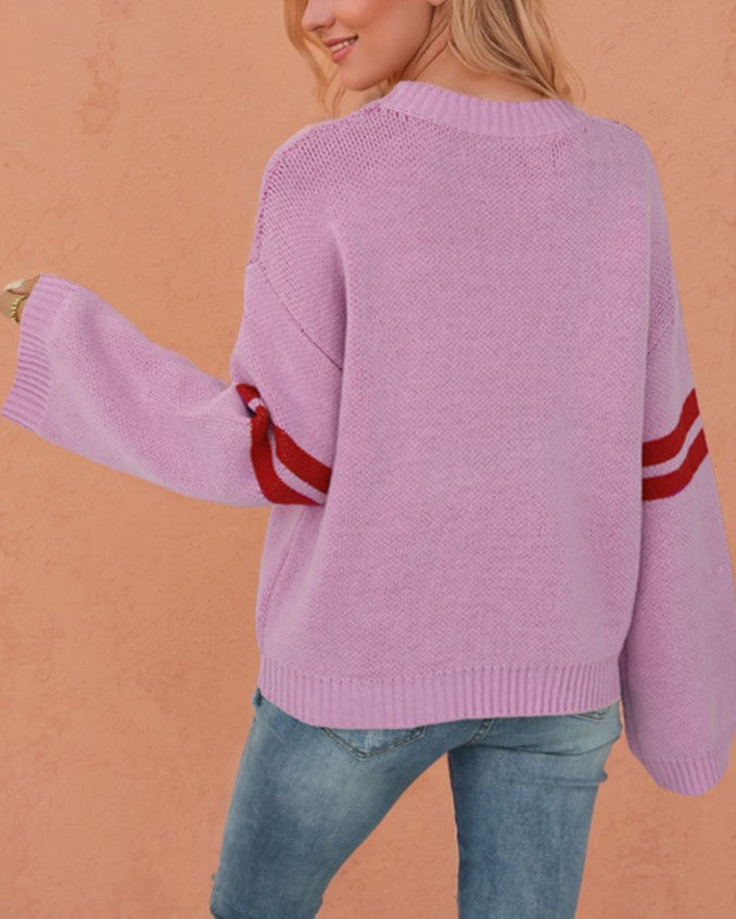 Big Heart Varsity Stripe Crew Neck Sweater - Pink - 2