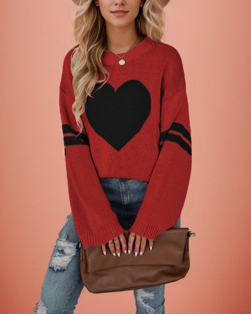 Big Heart Varsity Stripe Crew Neck Sweater - Red