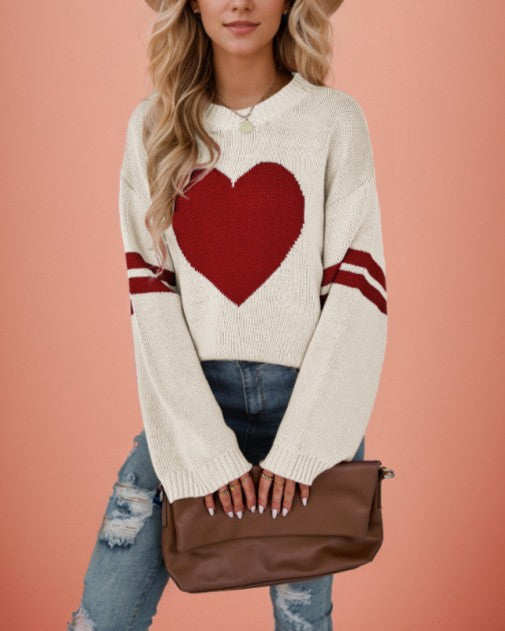 Big Heart Varsity Stripe Crew Neck Sweater - White