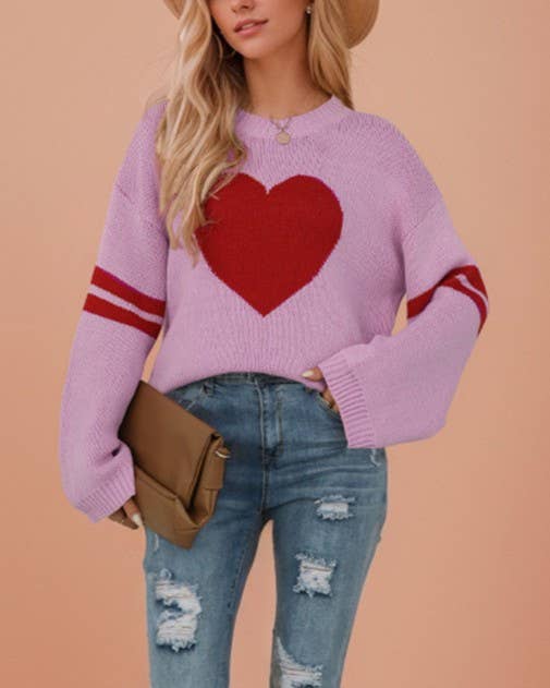 Big Heart Varsity Stripe Crew Neck Sweater