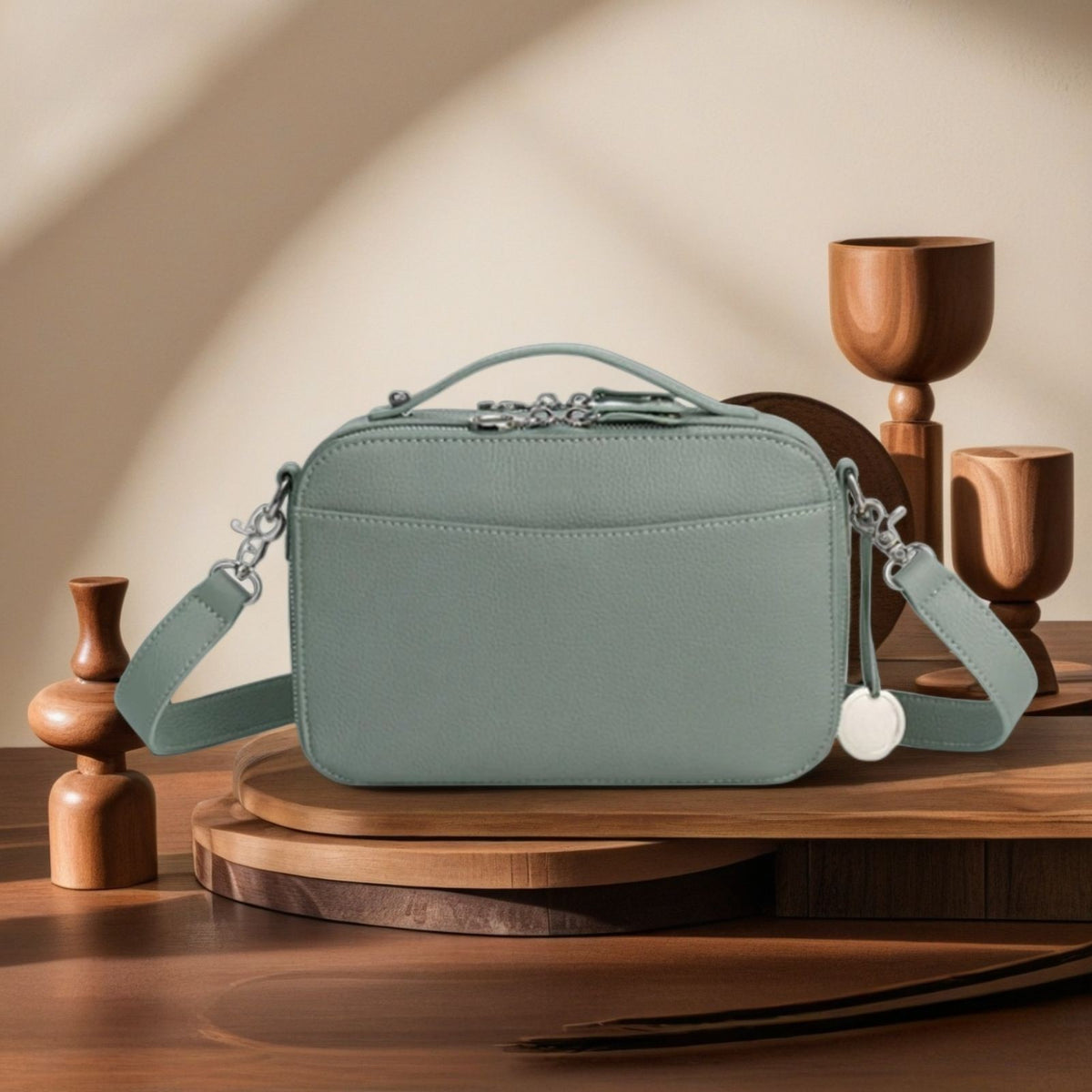 Double Zip Camera Crossbody Bag With Top Handle - Sage