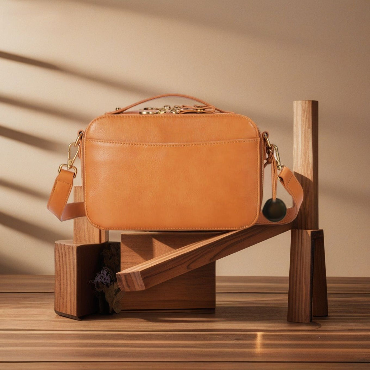 Double Zip Camera Crossbody Bag With Top Handle - Tan
