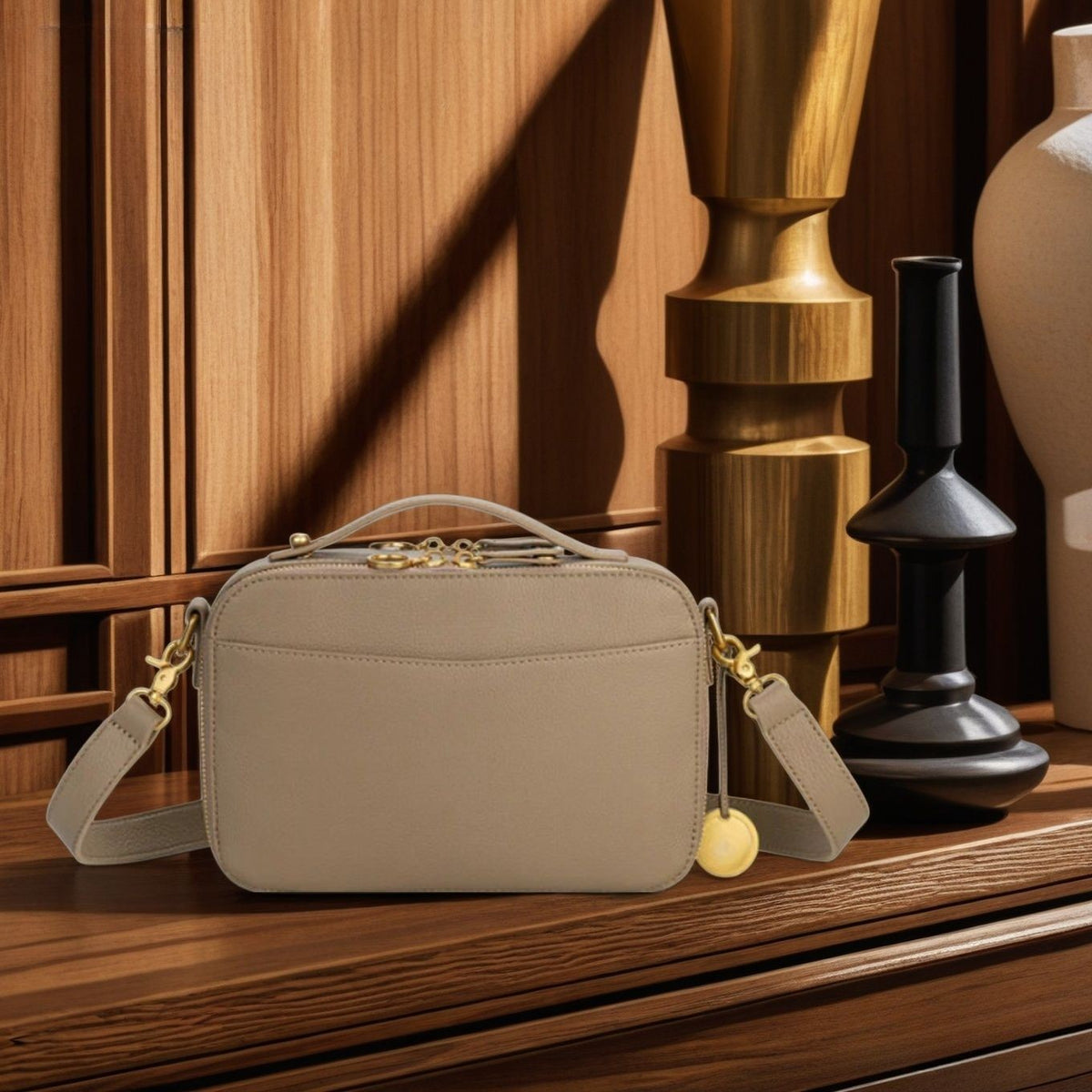 Double Zip Camera Crossbody Bag With Top Handle - Taupe