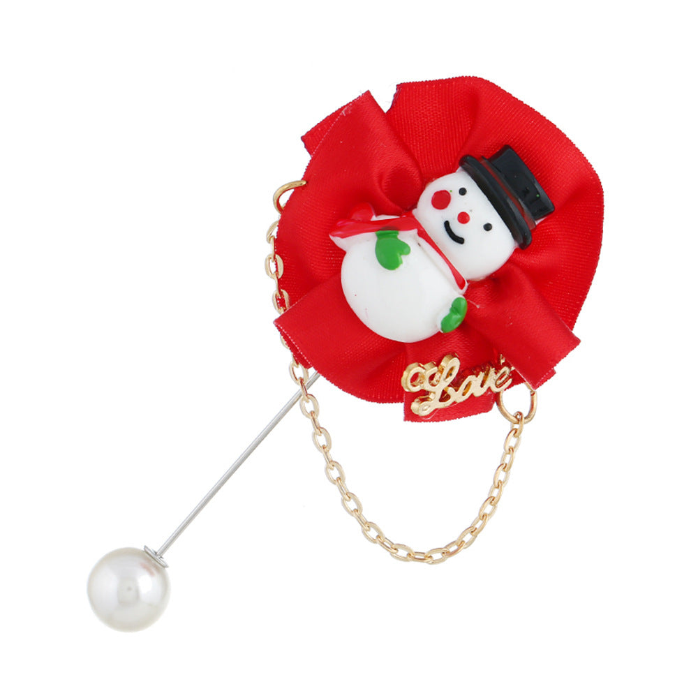 Fabric Rosette Pearl Stick Brooch - Snowman